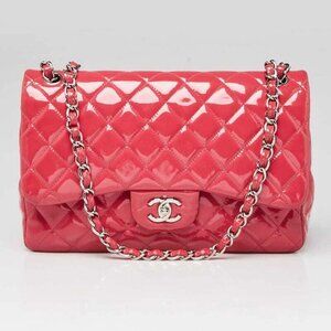 Chanel Pink Quilted Patent Leather Classic Jumbo Double Flap Bag